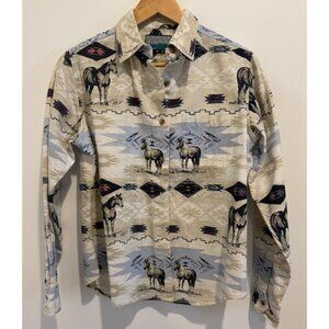 Sandy River Womens Western Blouse Size S Horse Tan Blue Cotton Rodeo Concerts